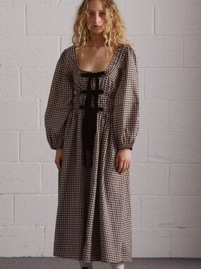 Damson Madder Dakota Bow Midi Dress - Chocolate Check